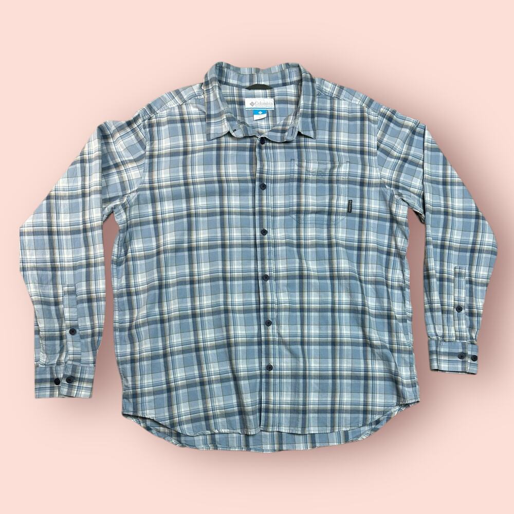 Men’s columbia button down plaid shirt casual XL blue white 100% cotton